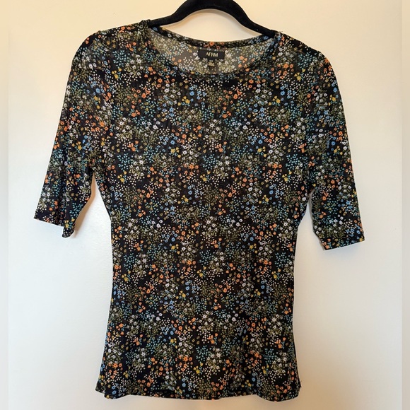 AFRM Black Short Sleeve Mesh Top with Floral Print in Size Small - Picture 1 of 6
